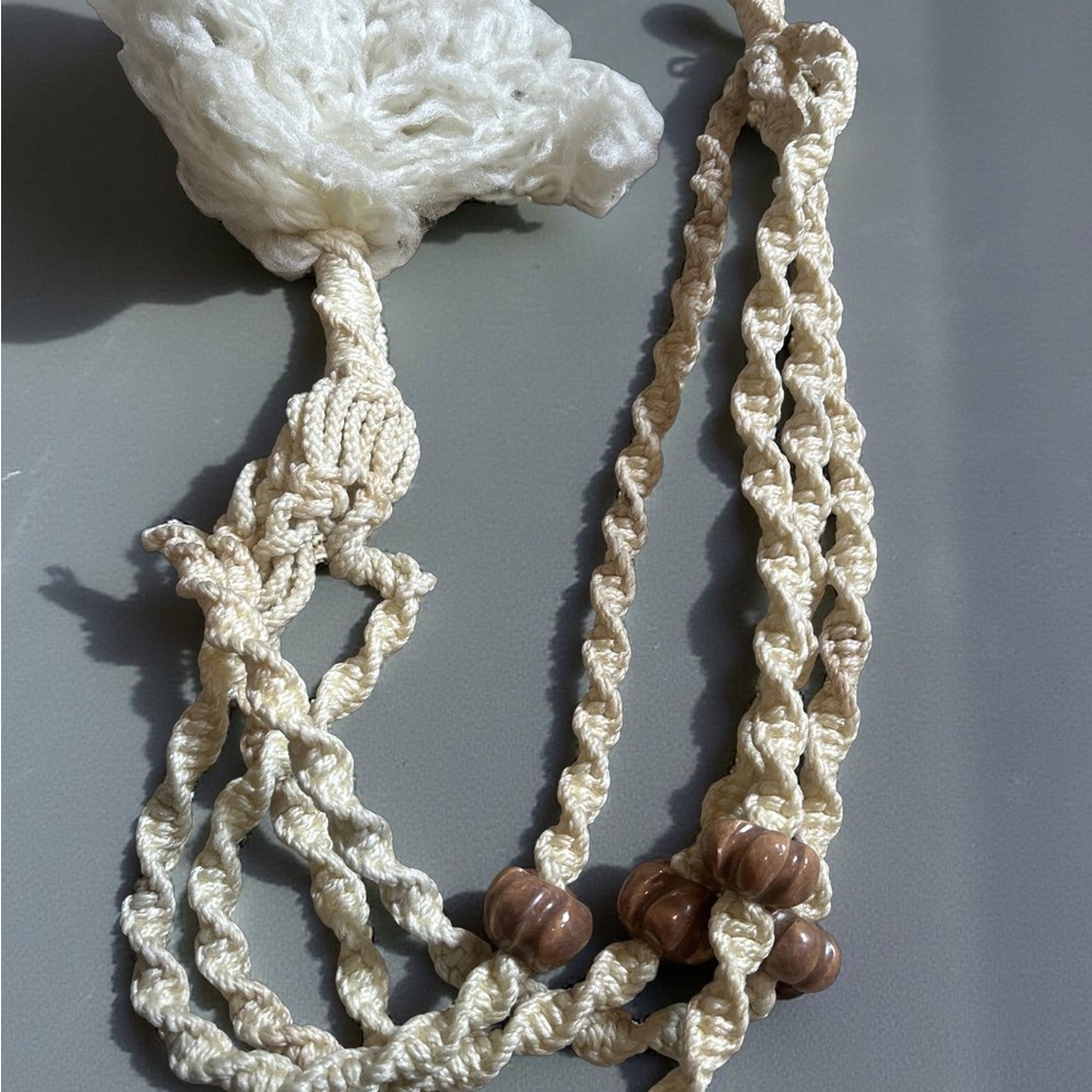Vintage 70s Macrame Plant Hanger Wood Beads Boho Hippie Cream Ivory [Length]"
